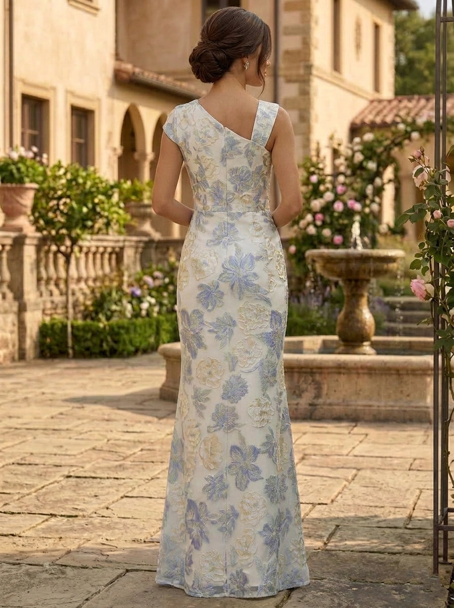 Robe Mère de la Mariée, Gaine/Colonne, Col Asymétrique, Jacquard, Sans Manches, Longueur au Sol