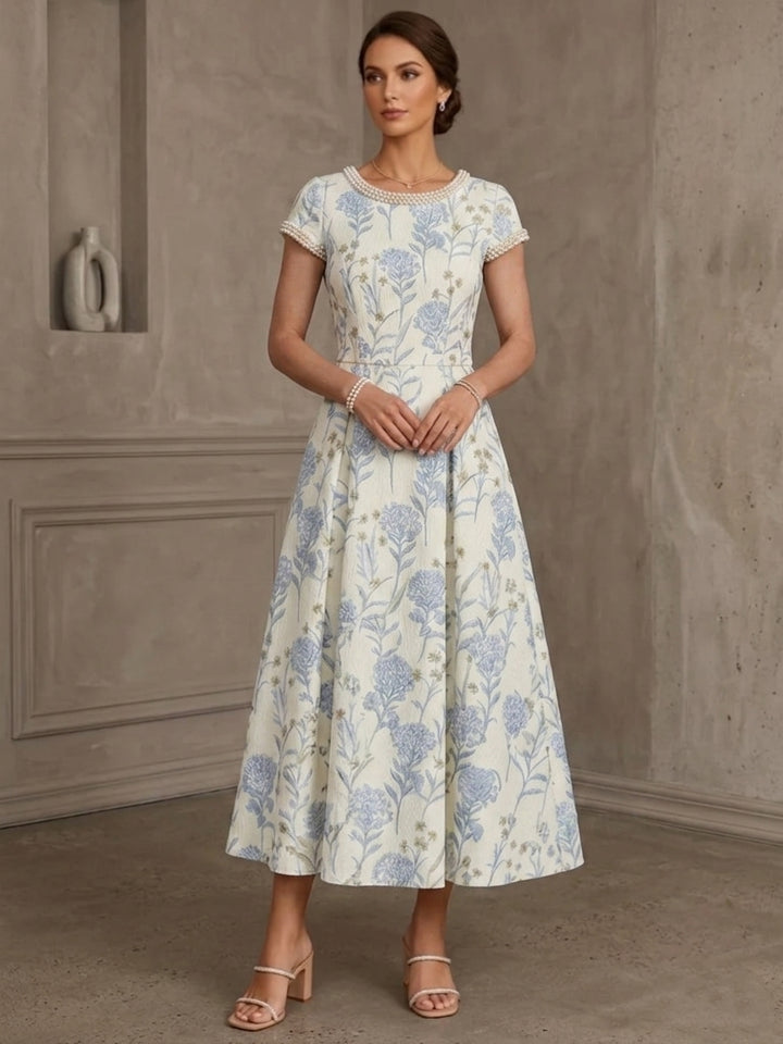 Robe Mère de la Mariée, Ligne A/Princesse, Col Rond, Jacquard, Manches Courtes, Longueur du Thé