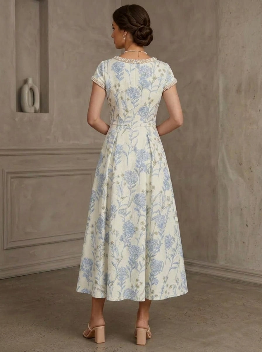 Robe Mère de la Mariée, Ligne A/Princesse, Col Rond, Jacquard, Manches Courtes, Longueur du Thé
