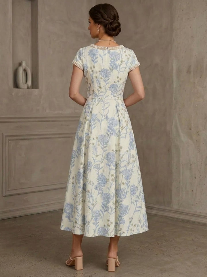 Robe Mère de la Mariée, Ligne A/Princesse, Col Rond, Jacquard, Manches Courtes, Longueur du Thé