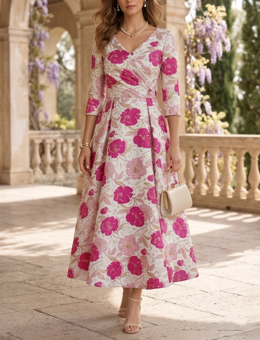 Robe Mère de la Mariée, Ligne A/Princesse, Col en V, Jacquard, 3/4 Manches , Longueur du Thé