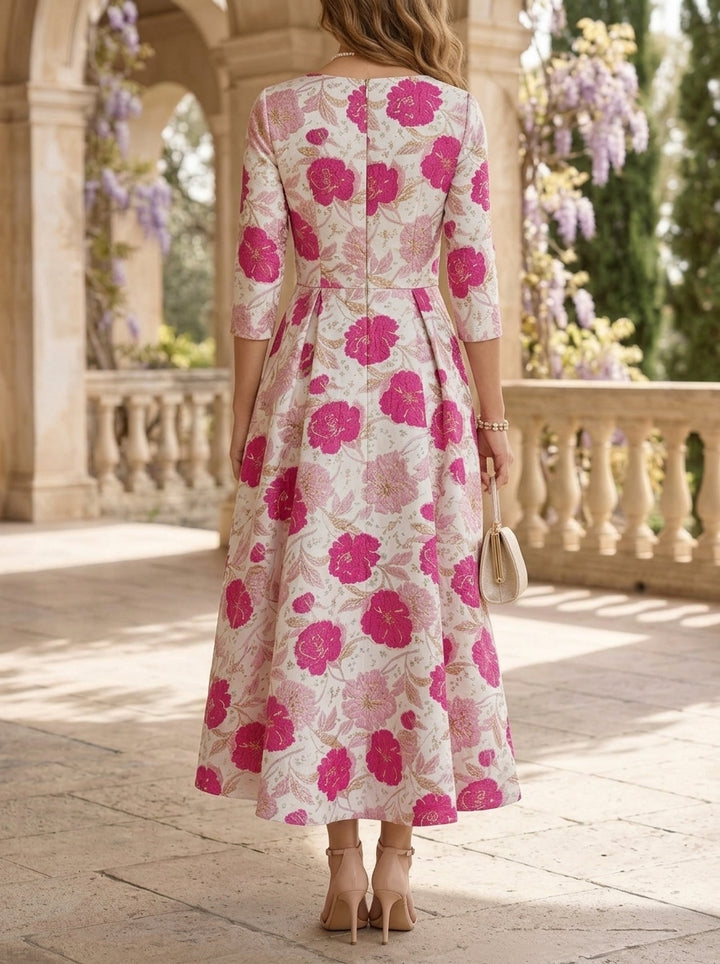 Robe Mère de la Mariée, Ligne A/Princesse, Col en V, Jacquard, 3/4 Manches , Longueur du Thé