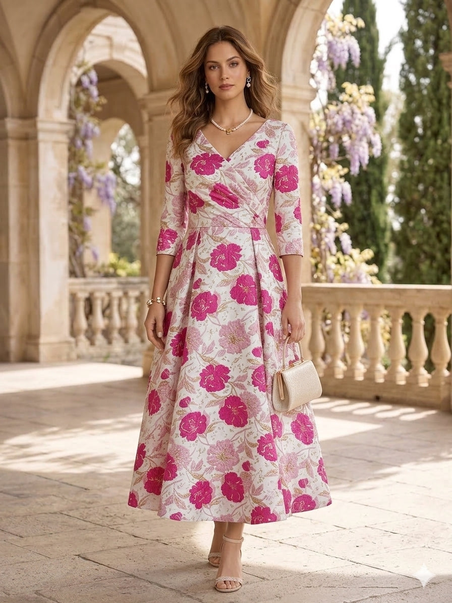 Robe Mère de la Mariée, Ligne A/Princesse, Col en V, Jacquard, 3/4 Manches , Longueur du Thé
