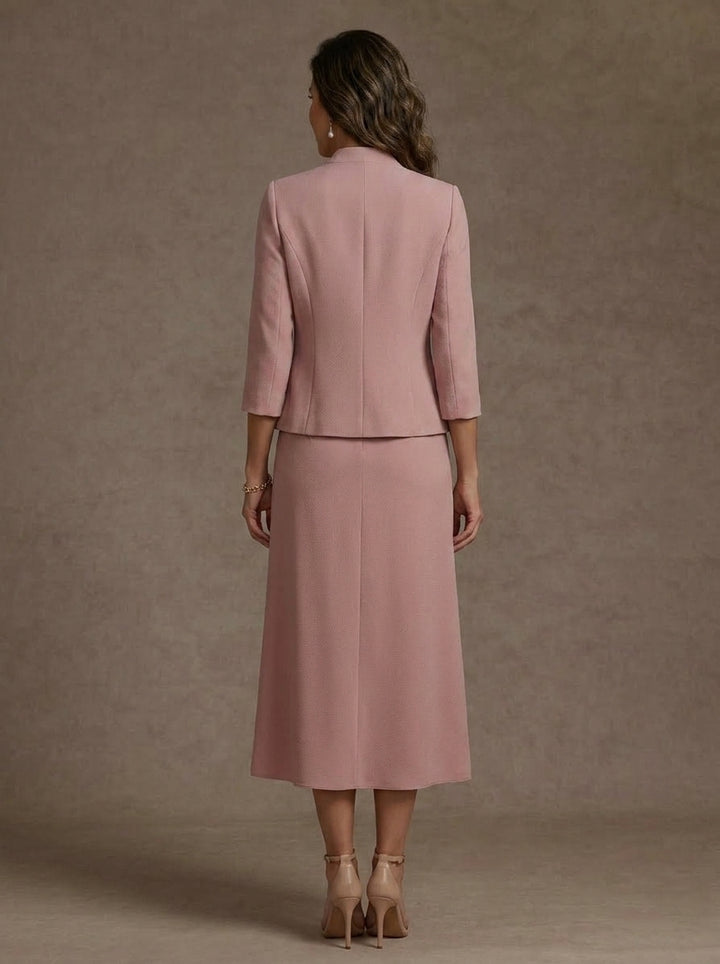 Robe Mère de la Mariée, 2 Pièces, Gaine/Colonne, Col Carré, Satin Élastique, Manches 3/4, Longueur du Thé