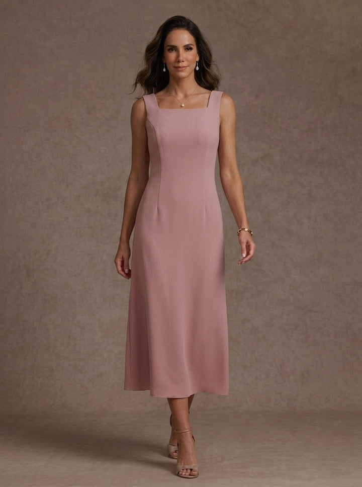 Robe Mère de la Mariée, 2 Pièces, Gaine/Colonne, Col Carré, Satin Élastique, Manches 3/4, Longueur du Thé