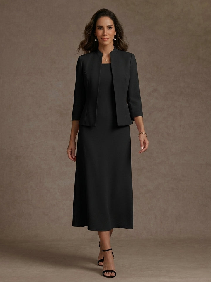 Robe Mère de la Mariée, 2 Pièces, Gaine/Colonne, Col Carré, Satin Élastique, Manches 3/4, Longueur du Thé
