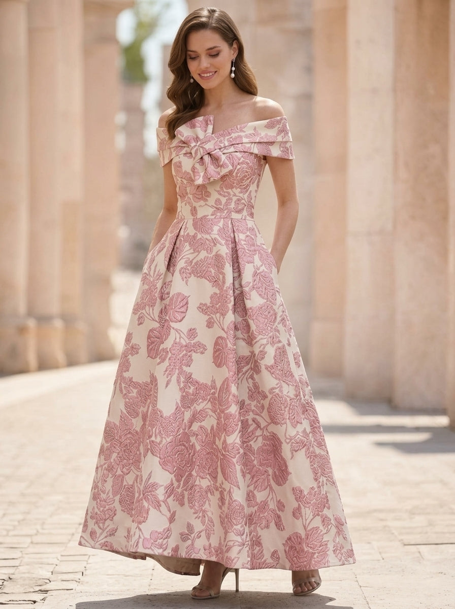 Robe Mère de la Mariée, Ligne A/Princesse, Hors de l'épaule, Jacquard, Sans Manches , Longueur de la Cheville