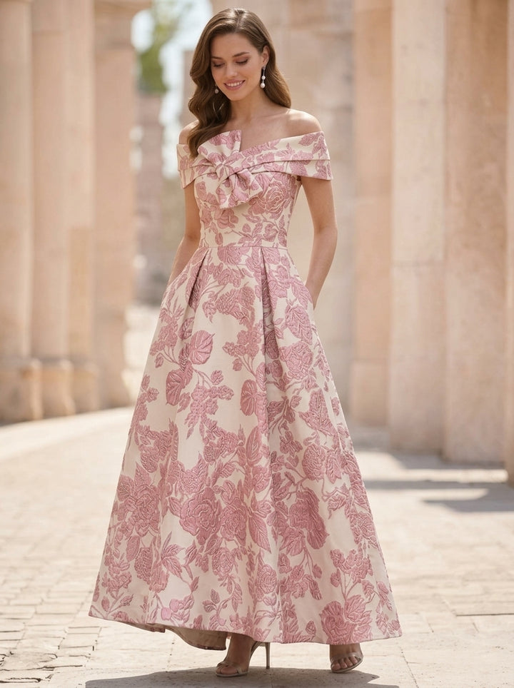 Robe Mère de la Mariée, Ligne A/Princesse, Hors de l'épaule, Jacquard, Sans Manches , Longueur de la Cheville