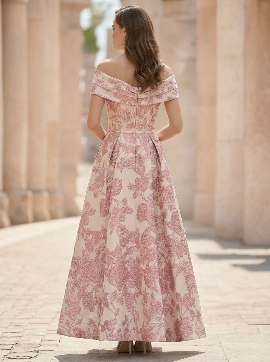 Robe Mère de la Mariée, Ligne A/Princesse, Hors de l'épaule, Jacquard, Sans Manches , Longueur de la Cheville