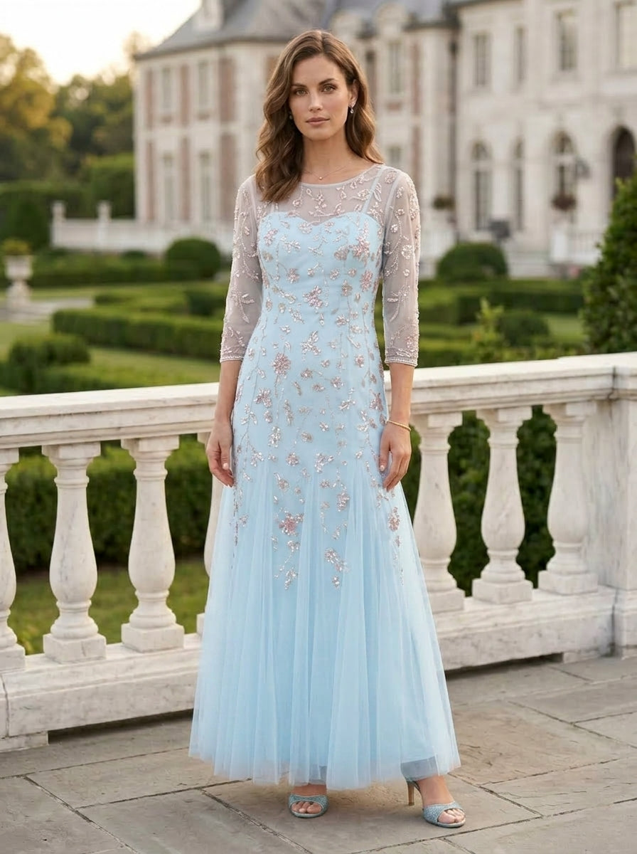 Robe Mère de la Mariée, Ligne A/Princesse, Col Rond, 3/4 Manches , Longueur de la Cheville