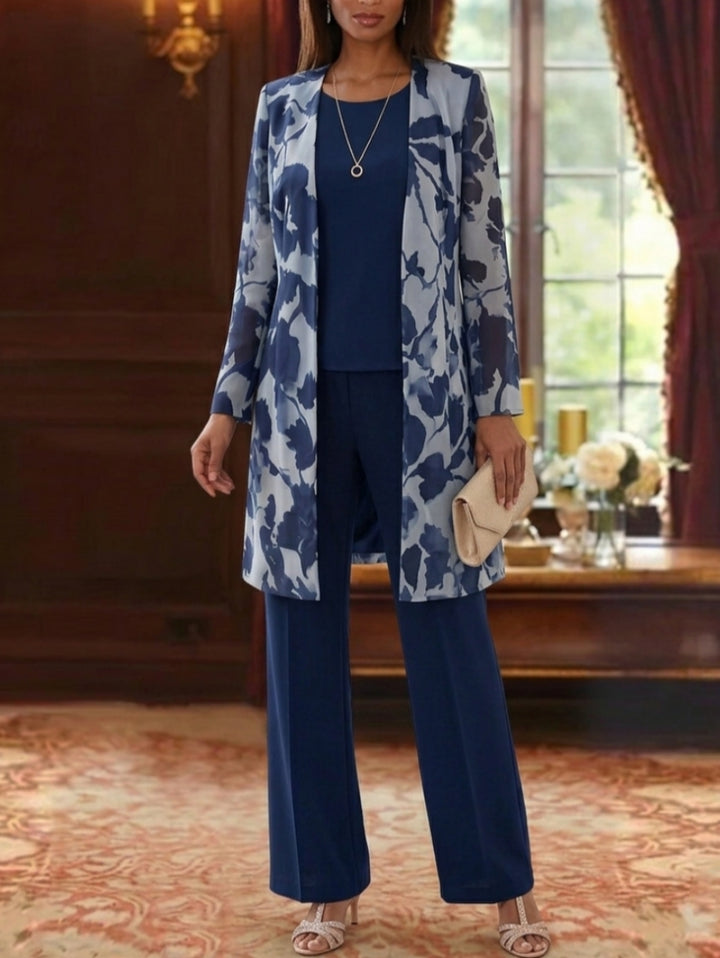 Robe Mère de la Mariée, 3 Pièces, Costume Pantalon, Col Rond, Mousseline, Manches Longues, Longueur de la Cheville