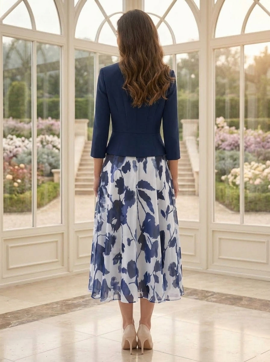 Ensemble Pantalon de Mère de la Mariée à Fleurs, Coupe A-Line/Princesse, Col en V, Manches Courtes, Longueur Au Sol, Motif Floral（副本）