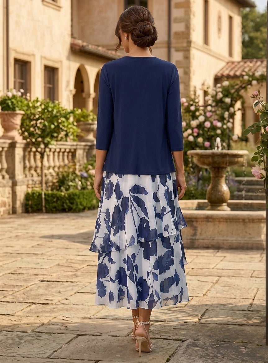Robe Mère de la Mariée, 2 Pièces, Ligne A/Princesse, Col Rond, Mousseline, Manches 3/4, Longueur du Thé