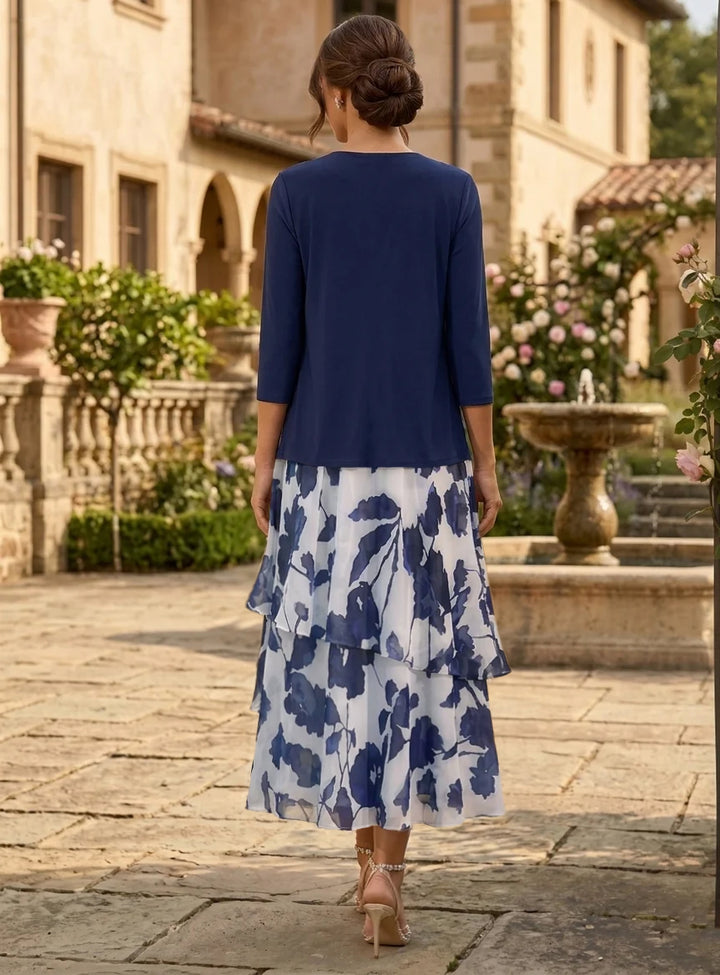 Robe Mère de la Mariée, 2 Pièces, Ligne A/Princesse, Col Rond, Mousseline, Manches 3/4, Longueur du Thé
