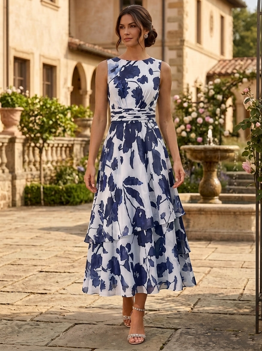 Robe Mère de la Mariée, 2 Pièces, Ligne A/Princesse, Col Rond, Mousseline, Manches 3/4, Longueur du Thé