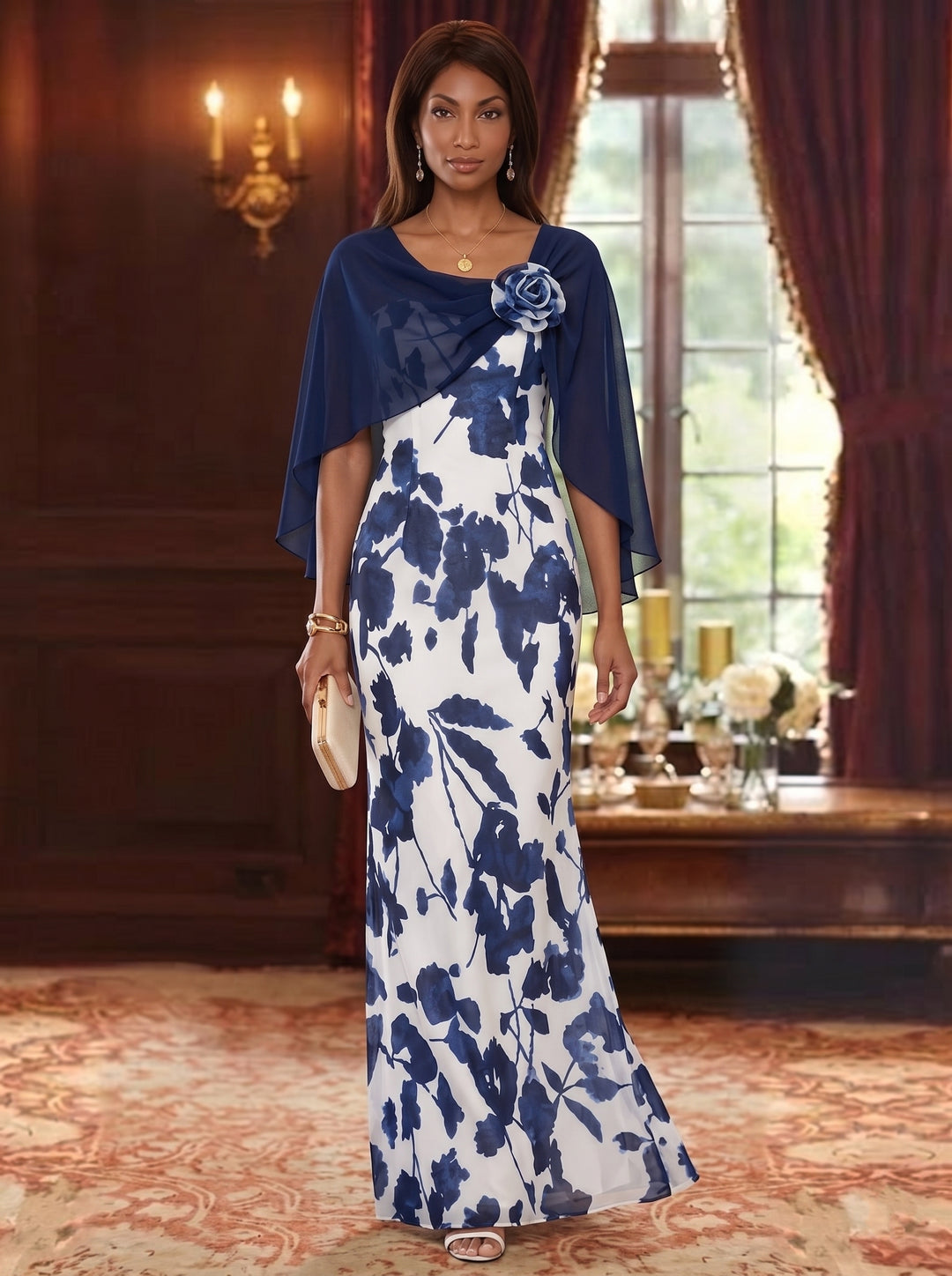 Robe Mère de la Mariée, Gaine/Colonne, Col Rond, Mousseline, Manches Cape, Longueur au Sol