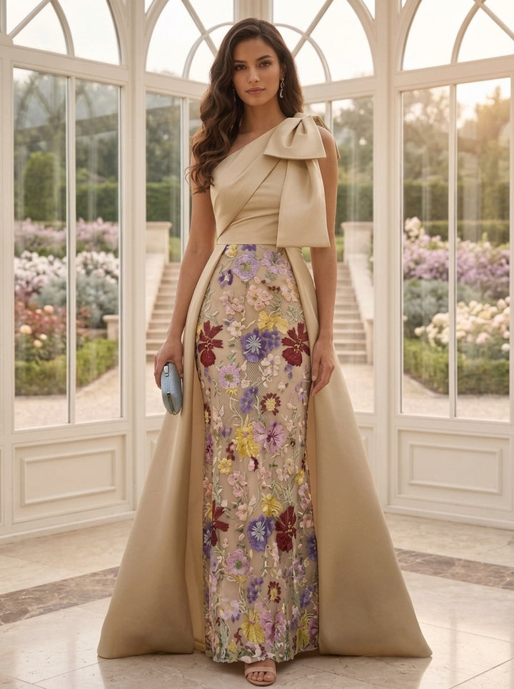 Robe Mère de la Mariée, Gaine/Colonne, Une Épaule Nue, Satin, Sans Manches, Longueur au Sol
