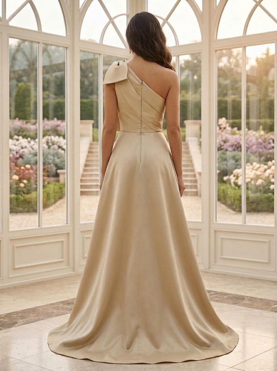 Robe Mère de la Mariée, Gaine/Colonne, Une Épaule Nue, Satin, Sans Manches, Longueur au Sol