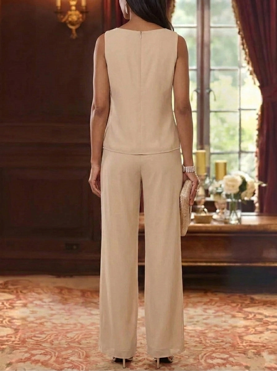 Robe Mère de la Mariée, 3 Pièces, Col Rond, Mousseline, 3/4 Manches, Longueur de la Cheville