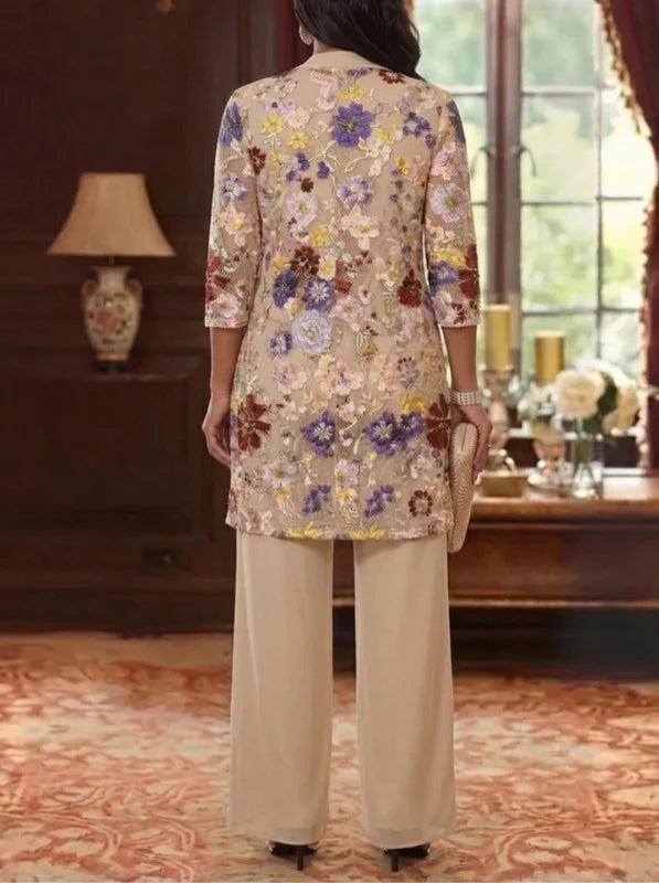 3 Pièces Tailleur Pantalon Mère de la Mariée Florale en Mousseline, Grande Taille, Col Rond, Manches 3/4, Longueur Cheville