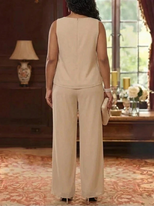 3 Pièces Tailleur Pantalon Mère de la Mariée Florale en Mousseline, Grande Taille, Col Rond, Manches 3/4, Longueur Cheville