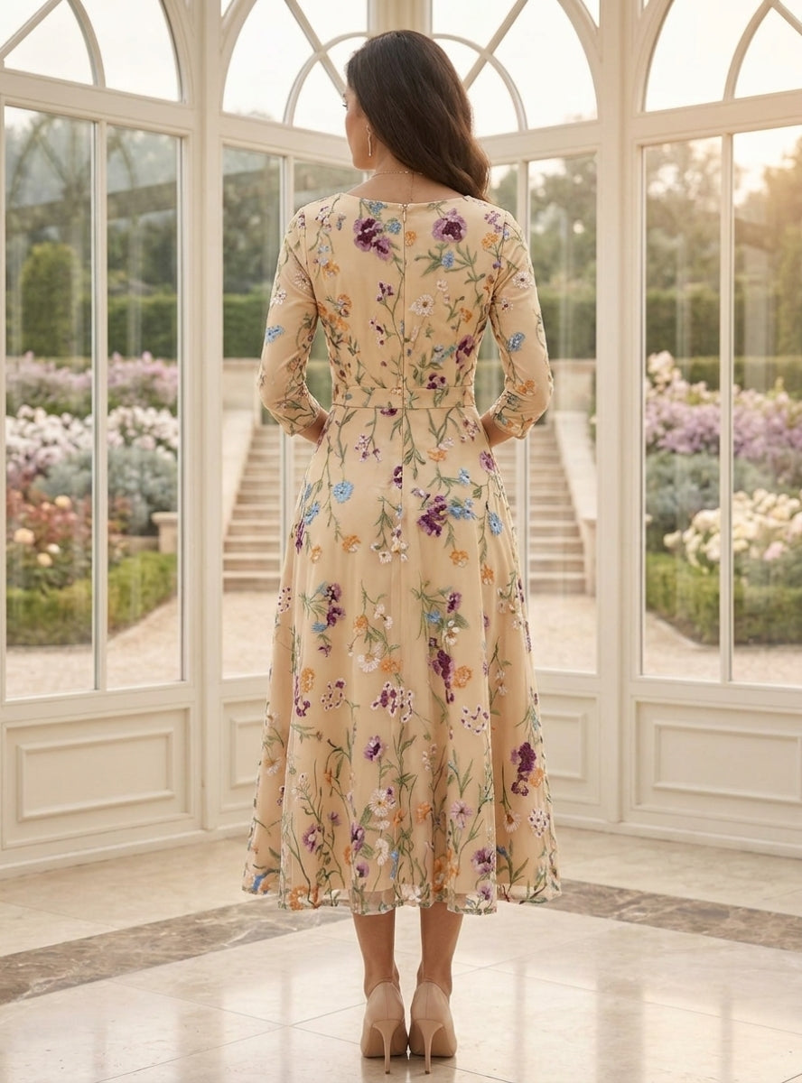 Robe Mère de la Mariée, Ligne A/Princesse, Col en V, Dentelle Florale, Manches 3/4, Longueur du Thé