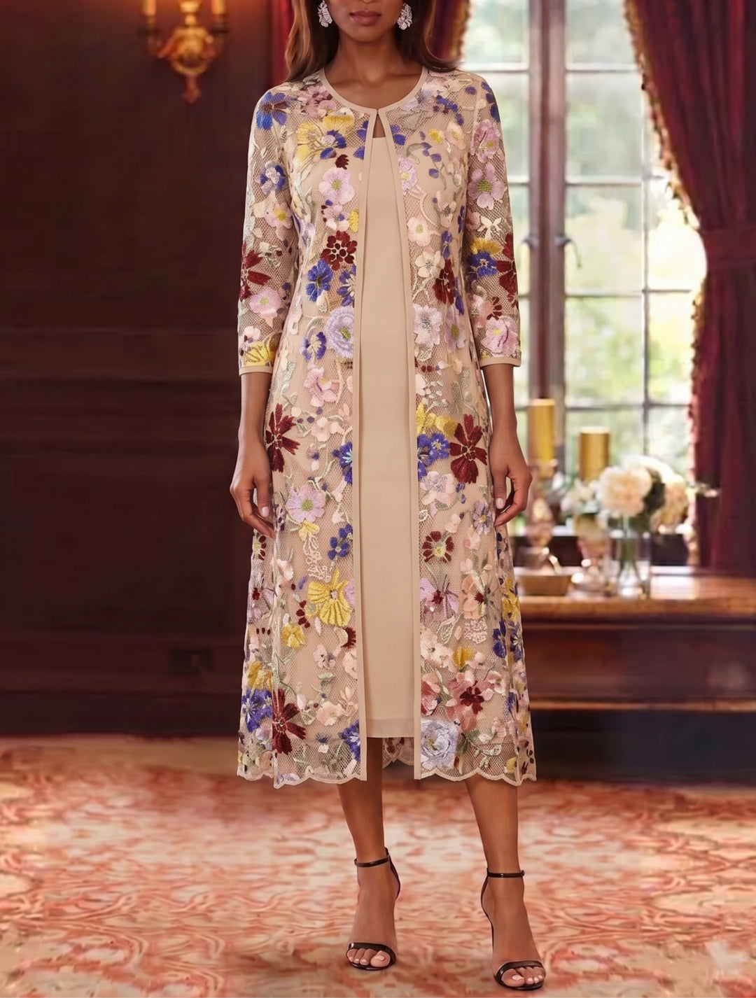 Robe Mère de la Mariée, Gaine/Colonne, Col Rond, Mousseline, 3/4 Manches, Longueur du Thé