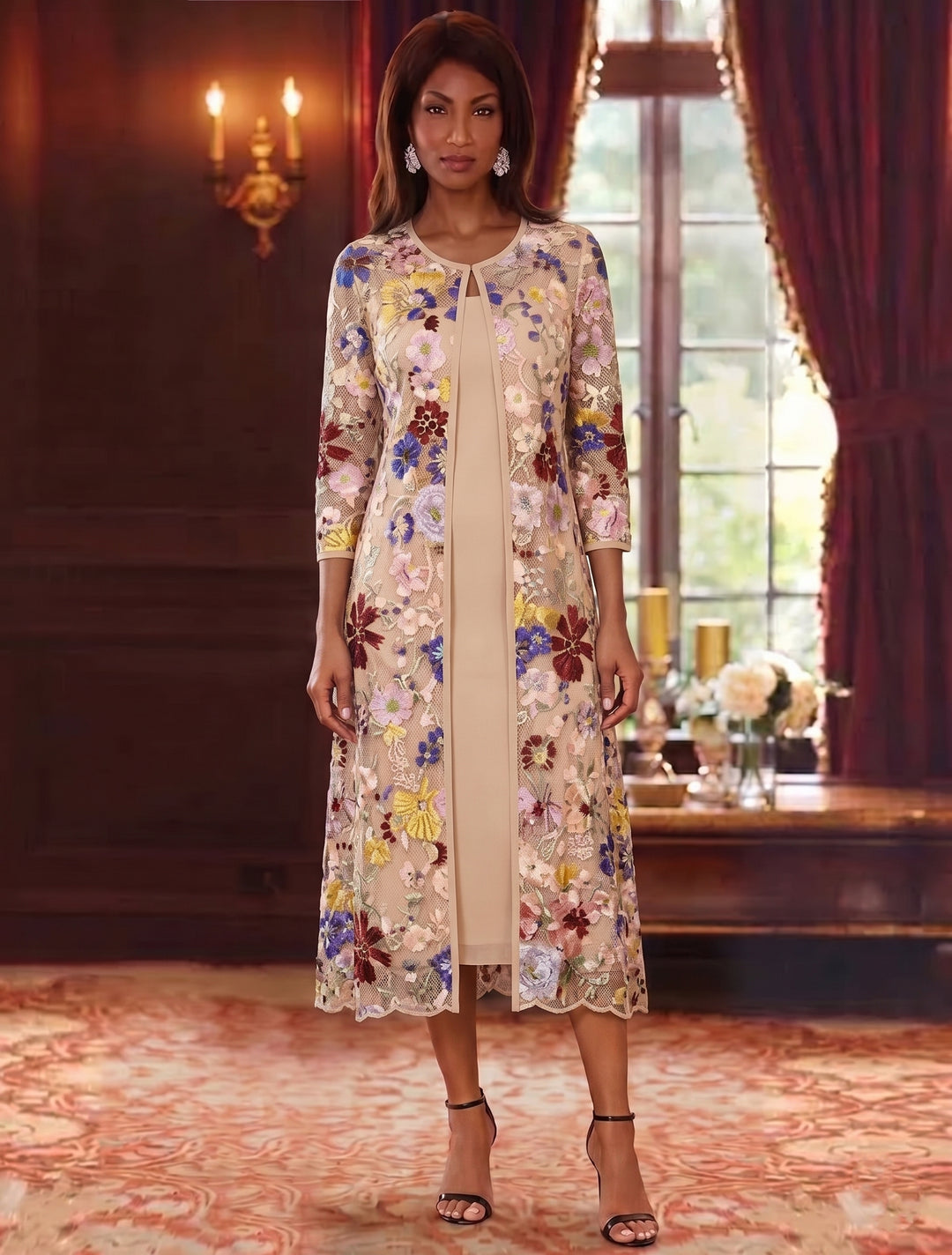 Robe Mère de la Mariée, Gaine/Colonne, Col Rond, Mousseline, 3/4 Manches, Longueur du Thé