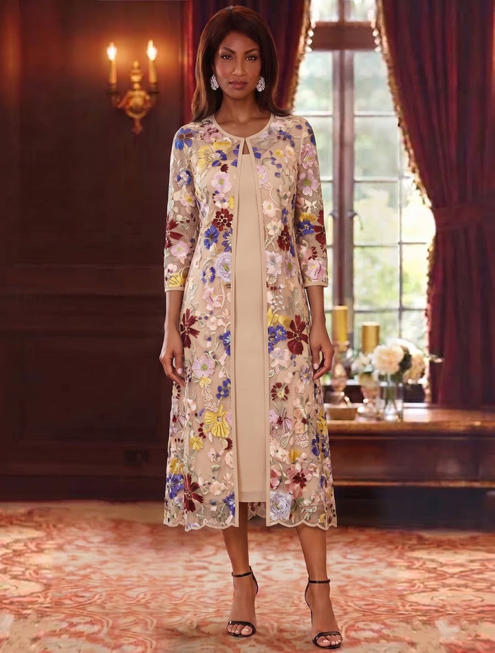 Robe Mère de la Mariée, Gaine/Colonne, Col Rond, Mousseline, 3/4 Manches, Longueur du Thé