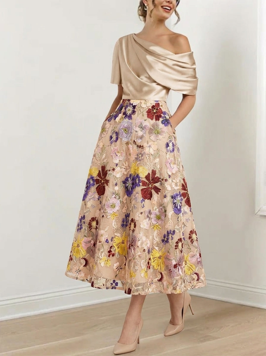 Robe Mère de la Mariée, Ligne A/Princesse, Une Épaule Nue, Silk de Soie, Manches Courtes, Longueur du Thé