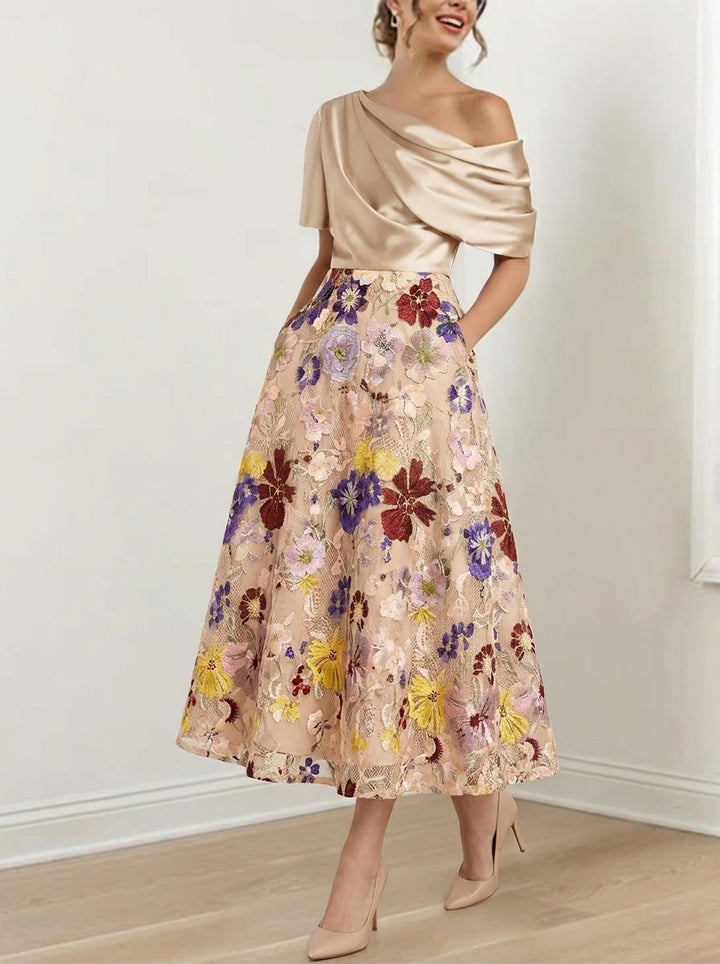 Robe Mère de la Mariée, Ligne A/Princesse, Une Épaule Nue, Silk de Soie, Manches Courtes, Longueur du Thé
