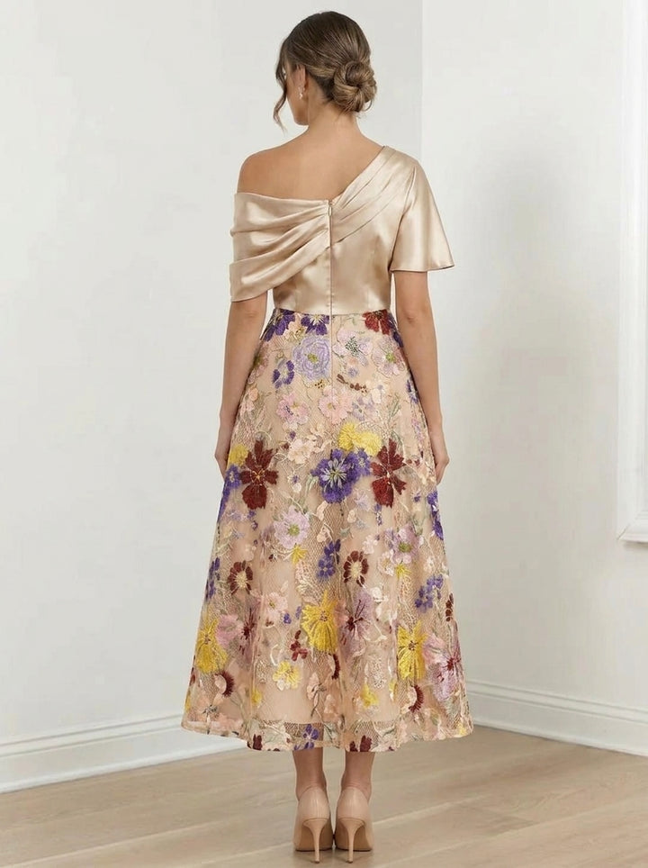 Robe Mère de la Mariée, Ligne A/Princesse, Une Épaule Nue, Silk de Soie, Manches Courtes, Longueur du Thé