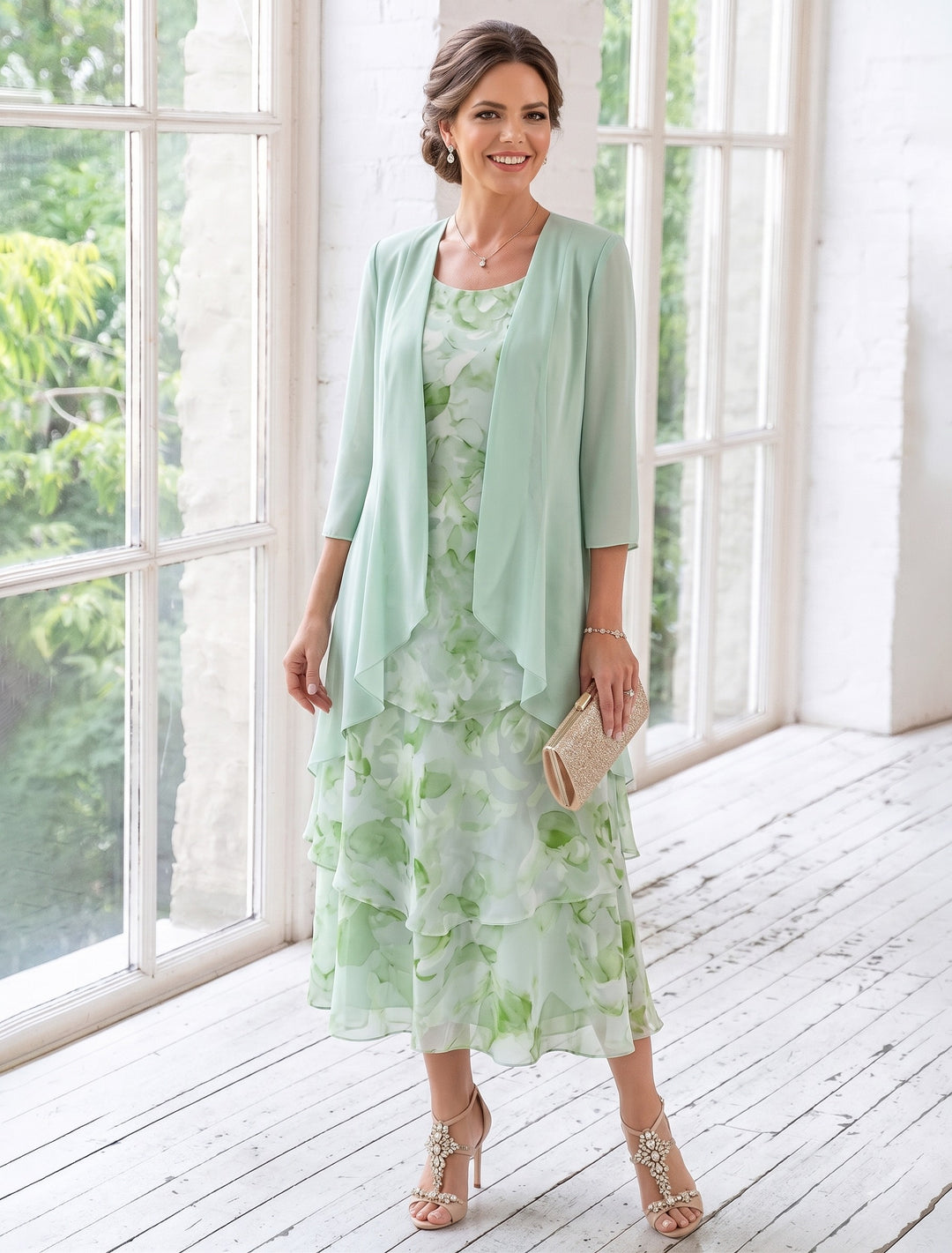 Robe Mère de la Mariée, Ligne A/Princesse, 2 Pièces, Col Rond, Mousseline, Manches 3/4, Longueur du Thé