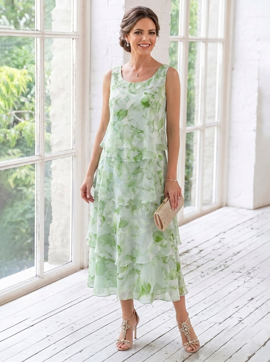 Robe Mère de la Mariée, Ligne A/Princesse, 2 Pièces, Col Rond, Mousseline, Manches 3/4, Longueur du Thé