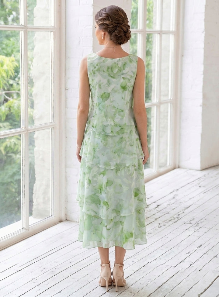Robe Mère de la Mariée, Ligne A/Princesse, 2 Pièces, Col Rond, Mousseline, Manches 3/4, Longueur du Thé