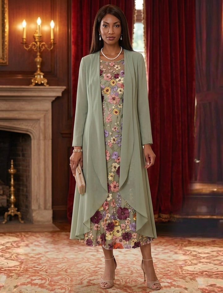 Robe Mère de la Mariée, 2 Pièces, Ligne A/Princesse, Col Rond, Mousseline, Manches Longues, Longueur du Thé