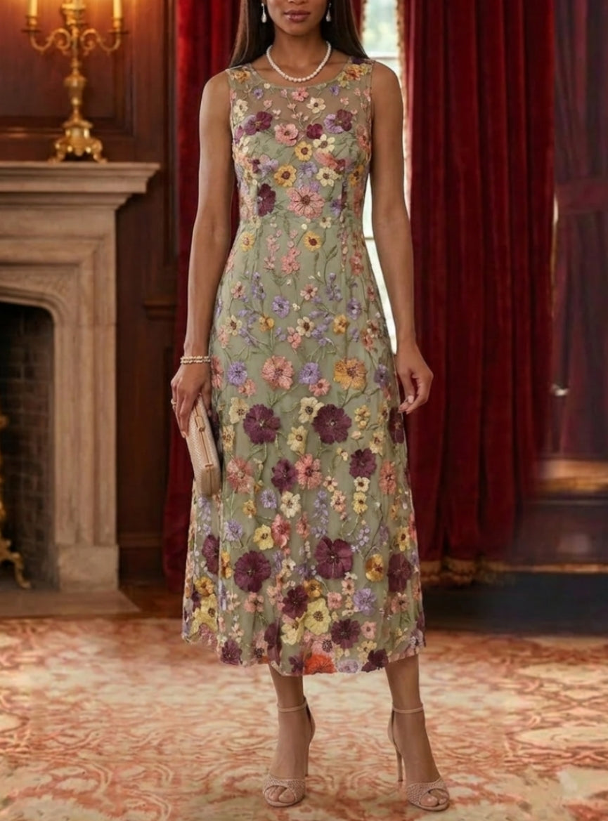 Robe Mère de la Mariée, 2 Pièces, Ligne A/Princesse, Col Rond, Mousseline, Manches Longues, Longueur du Thé