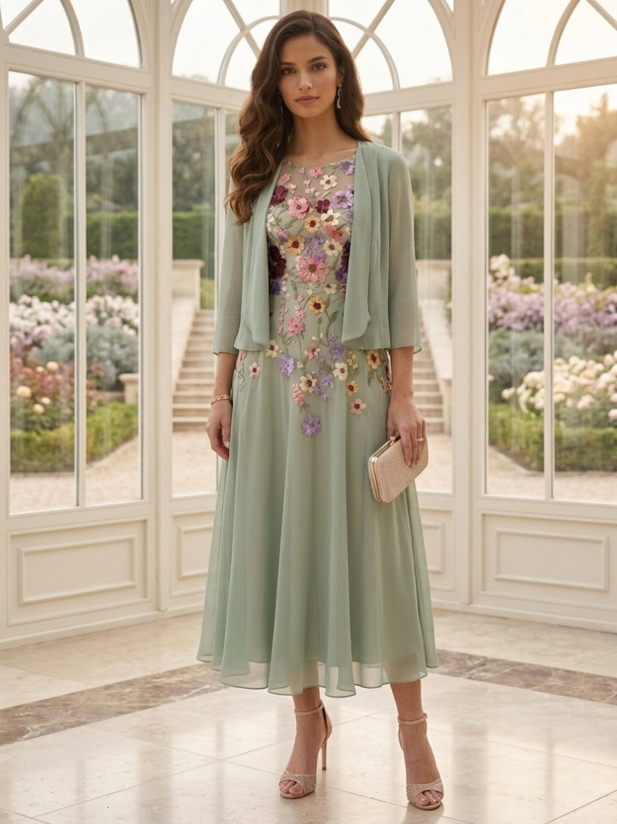 Robe Mère de la Mariée, 2 Pièces, Ligne A/Princesse, Col Rond, Mousseline, Manches 3/4, Longueur du Thé