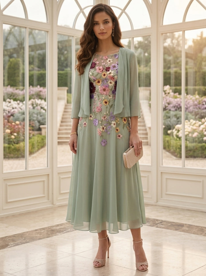 Robe Mère de la Mariée, 2 Pièces, Ligne A/Princesse, Col Rond, Mousseline, Manches 3/4, Longueur du Thé