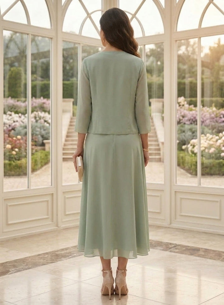 Robe Mère de la Mariée, 2 Pièces, Ligne A/Princesse, Col Rond, Mousseline, Manches 3/4, Longueur du Thé
