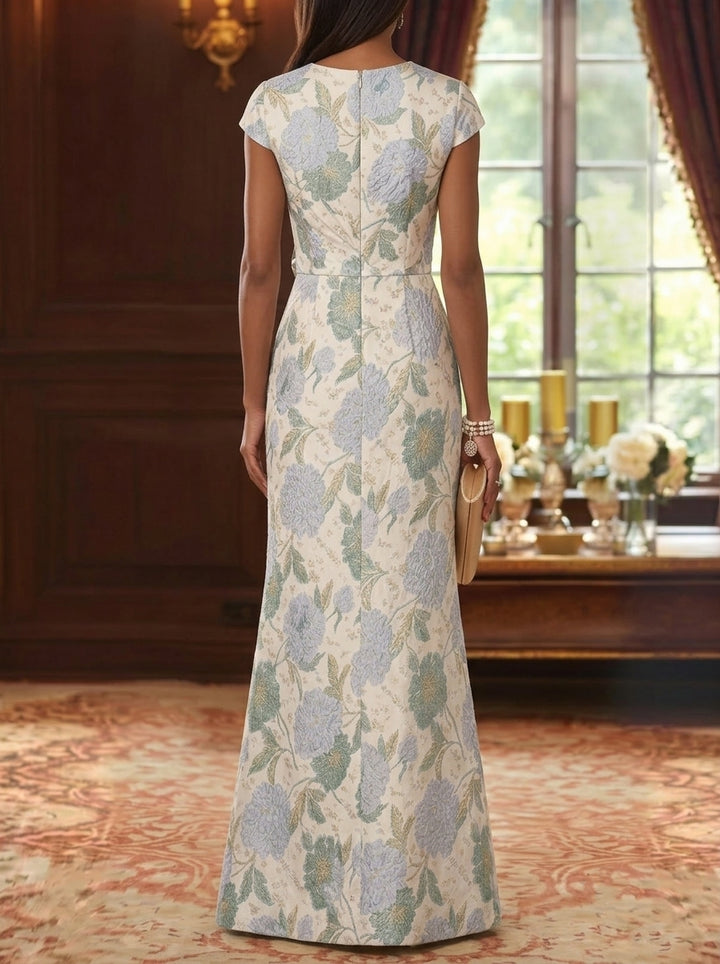 Robe Mère de la Mariée, Gaine/Colonne, Col en V, Jacquard, Manches Cape, Longueur au Sol