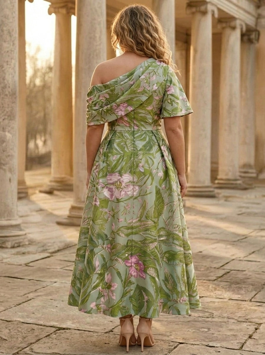 Robe mère de la mariée, Taille Plus, Ligne A/Princesse, Une Épaule Nue, Satin, Manches Courtes, Longueur de la Cheville