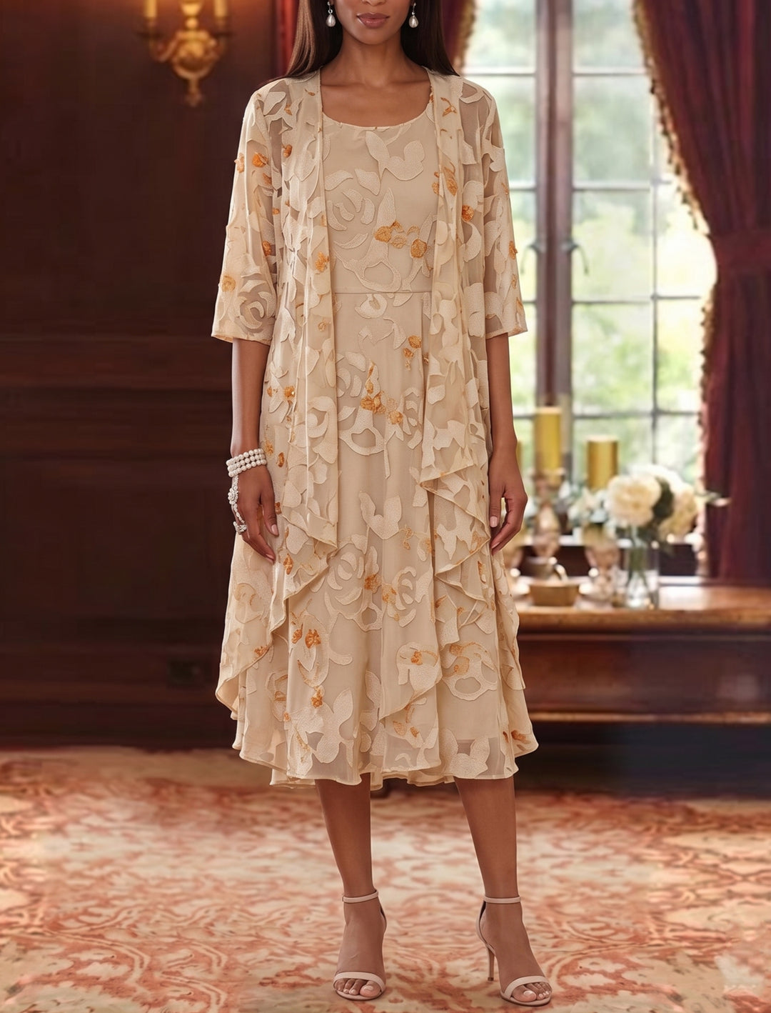 Robe mère de la mariée, Ligne A/Princesse, 2 Pièces, Col Rond, Mousseline, Manches 3/4, Longueur du Thé, Volants