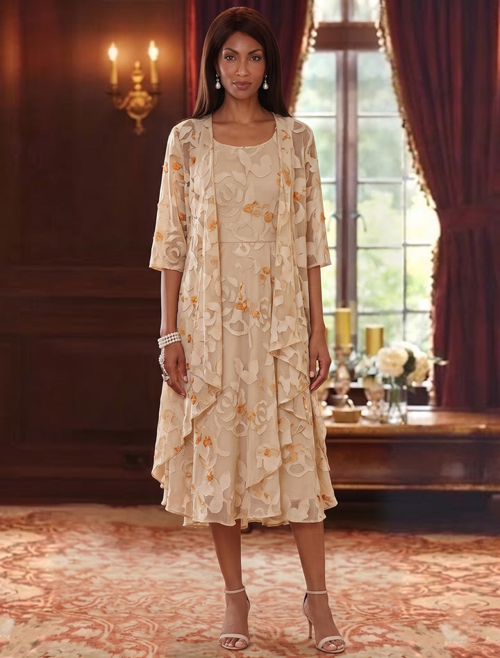 Robe mère de la mariée, Ligne A/Princesse, 2 Pièces, Col Rond, Mousseline, Manches 3/4, Longueur du Thé, Volants
