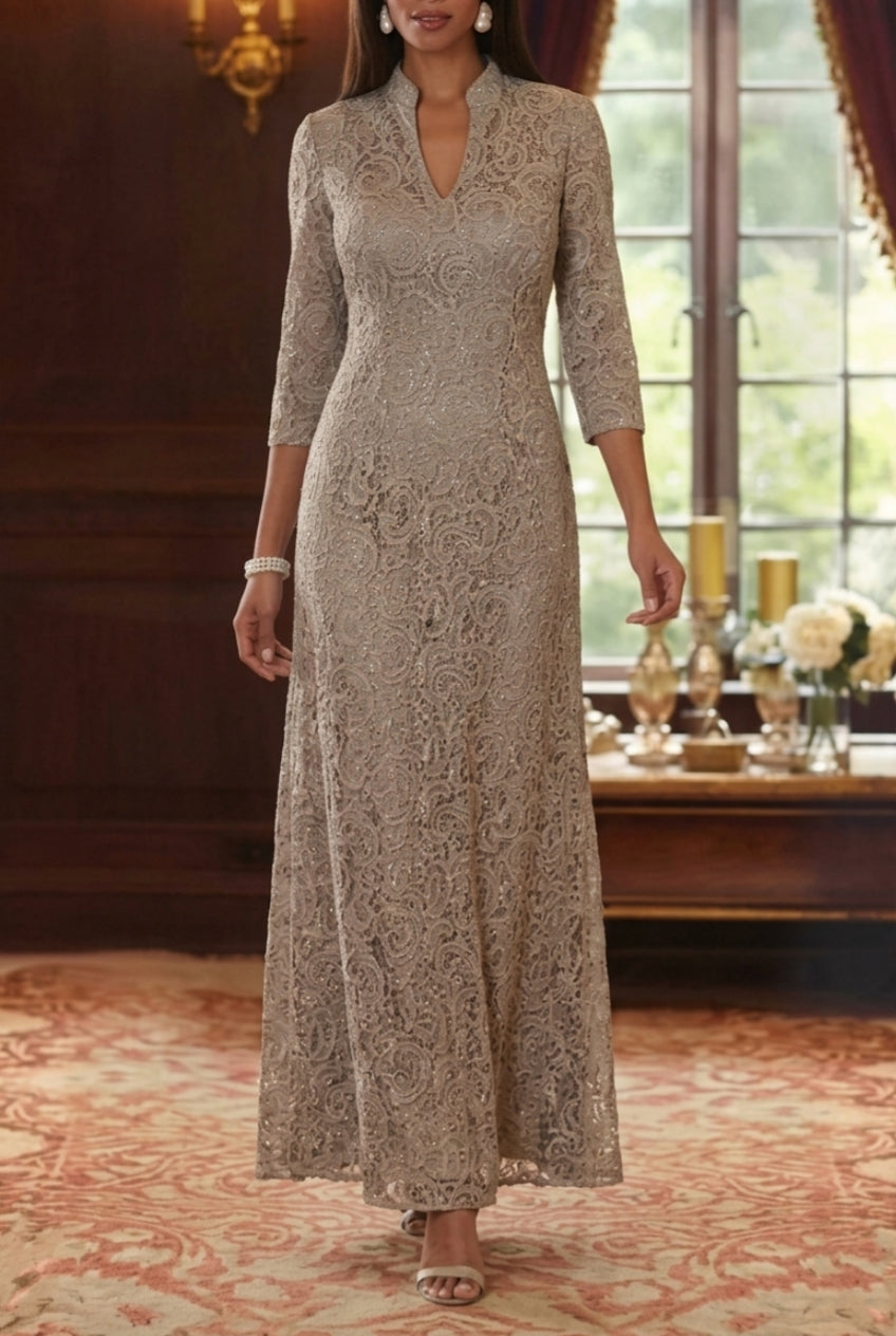 Robe mère de la mariée, Ligne A/Princesse, Col en V, Manches 3/4, Longueur de la Cheville, Dentelle, Florale