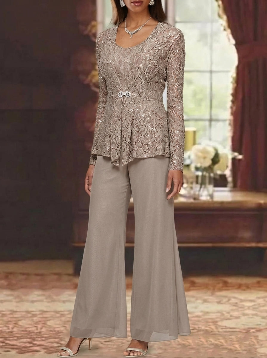 Robe mère de la mariée, Costume-Pantalon, 3 Pièces, Col Rond, Mousseline, Manches Longues, Longueur de la Cheville, Dentelle