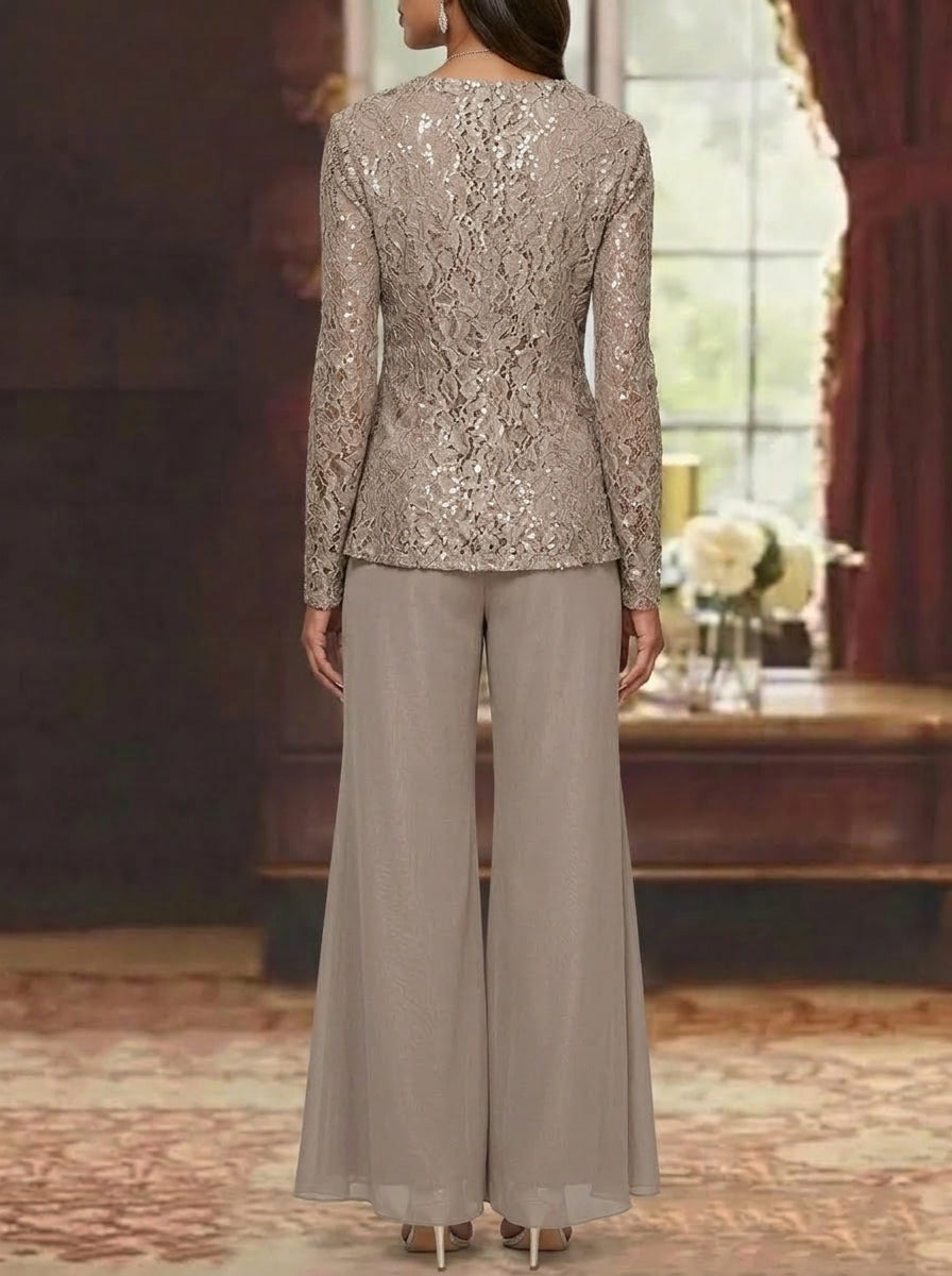 Robe mère de la mariée, Costume-Pantalon, 3 Pièces, Col Rond, Mousseline, Manches Longues, Longueur de la Cheville, Dentelle