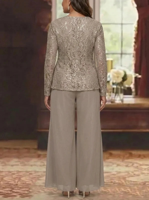 3 Pièces Tailleur Pantalon Mère de la Mariée en Mousseline, Grande Taille, Col Rond, Manches Longues, Longueur Cheville, avec Veste en Dentelle