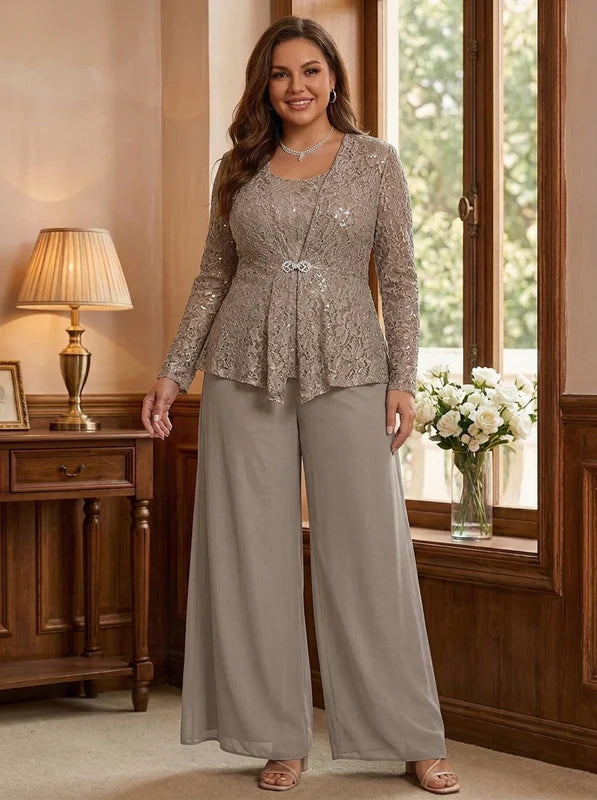 3 Pièces Tailleur Pantalon Mère de la Mariée en Mousseline, Grande Taille, Col Rond, Manches Longues, Longueur Cheville, avec Veste en Dentelle