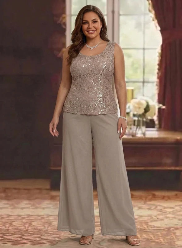 3 Pièces Tailleur Pantalon Mère de la Mariée en Mousseline, Grande Taille, Col Rond, Manches Longues, Longueur Cheville, avec Veste en Dentelle